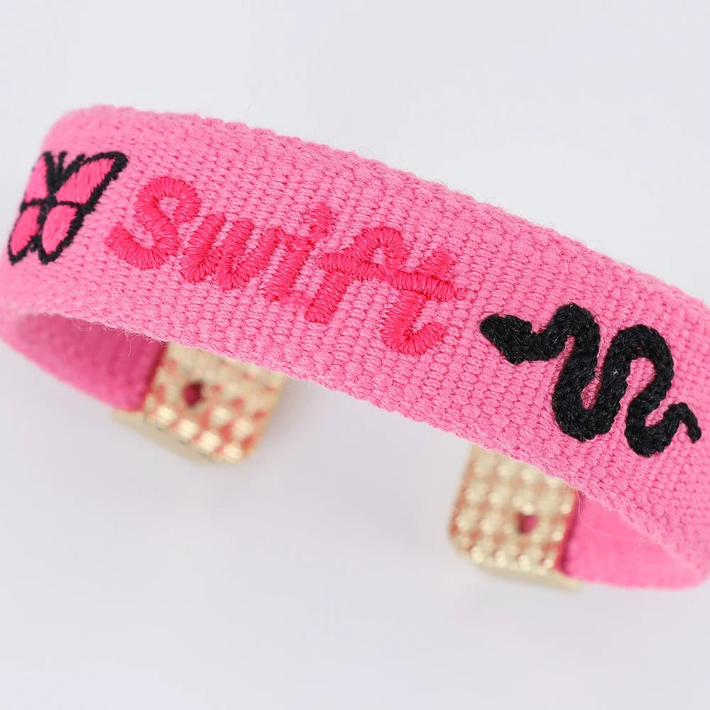 Adjustable Taylor Swift Lyrics Embroidered Open Bangle Bracelet – Music Fan Jewelry Gift for Swifties, Alloy Charm Boho Bracelet