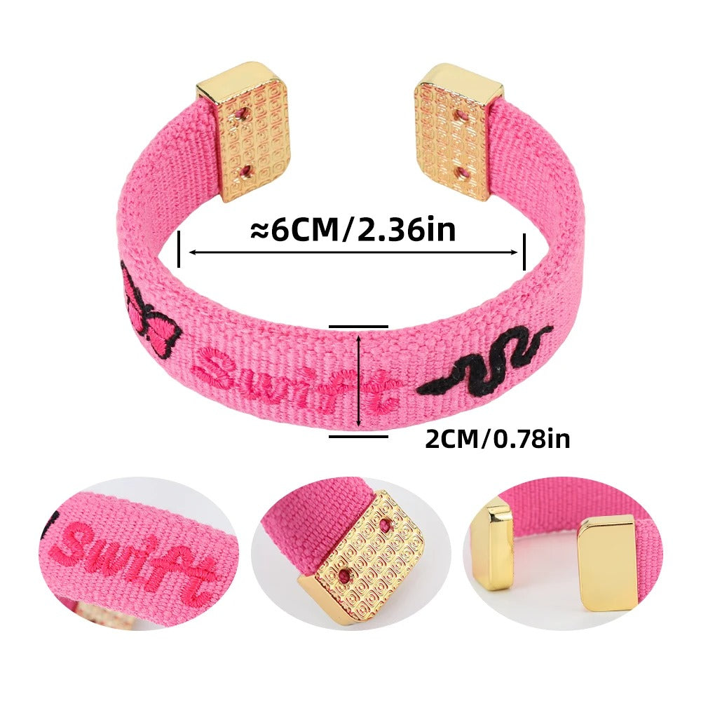 Adjustable Taylor Swift Lyrics Embroidered Open Bangle Bracelet – Music Fan Jewelry Gift for Swifties, Alloy Charm Boho Bracelet