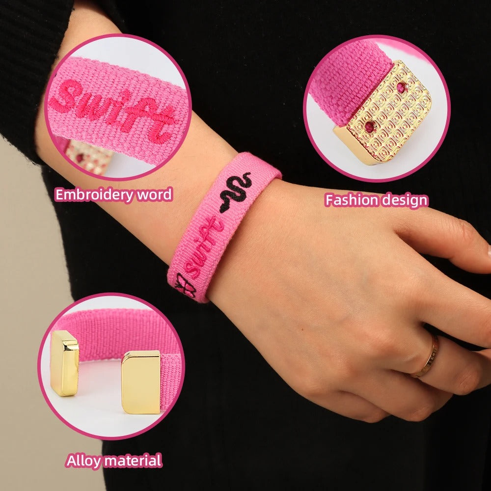 Adjustable Taylor Swift Lyrics Embroidered Open Bangle Bracelet – Music Fan Jewelry Gift for Swifties, Alloy Charm Boho Bracelet