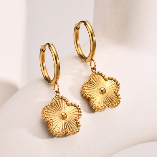 Gold Plated Four Leaf Clover Drop Earrings – Mother of Pearl & Stainless Steel Lucky Flower Design